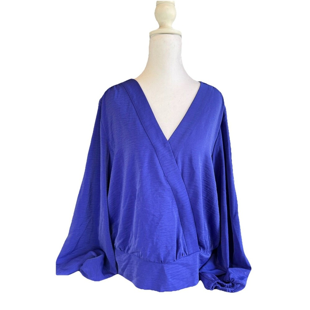 Nine West Blouse Size XL Blue Long-Sleeve Surplice Classic V-neck NWT Women's